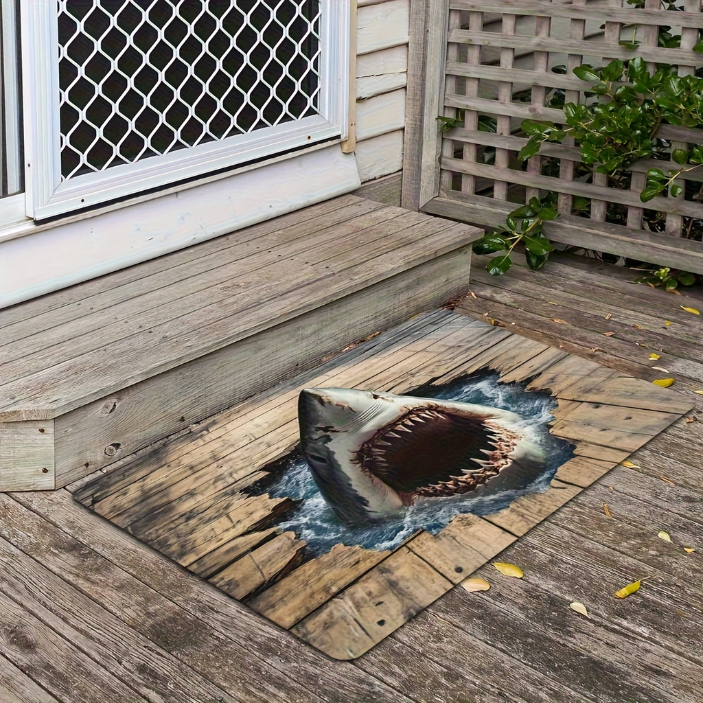 Shark Ocean Print Door Mat with Weathered Wood-Look Background in 40 x 60cm or 50 x 80cm Sizes