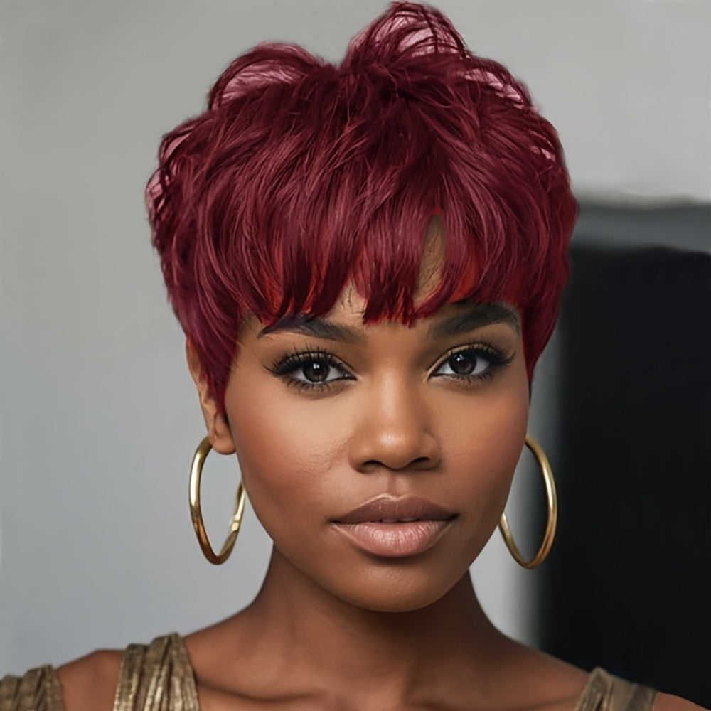 Synthetic Wig 6-Inch Vivid Red Layered Pixie with Body Waves, Bangs and Adjustable Cap for Cosplay