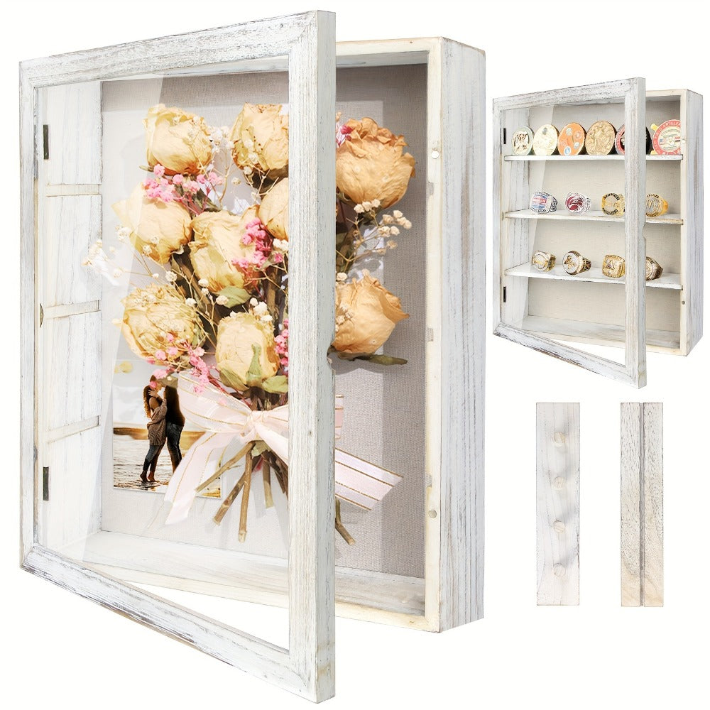 Shadow Box Frame 11x14 with 4 Removable Shelves – Large Deep Display Case for Medals Coins Pins Photos Flowers Keepsakes