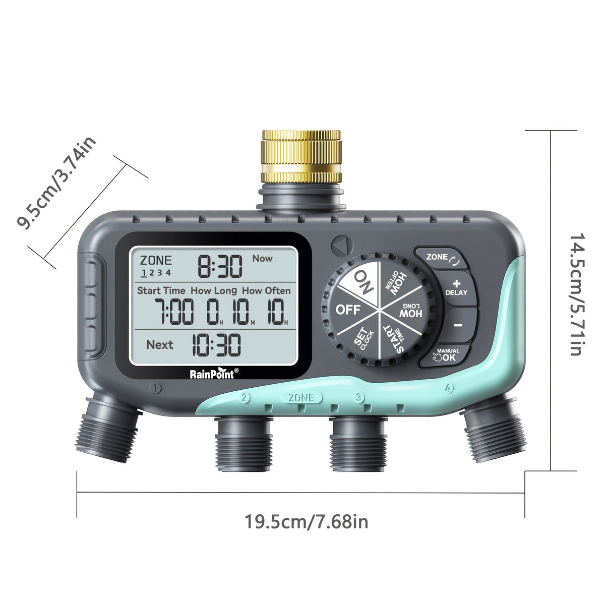 Garden Irrigation System 4-Zone, Automatic Watering Controller with Brass Head, Manual & Rain Delay Modes