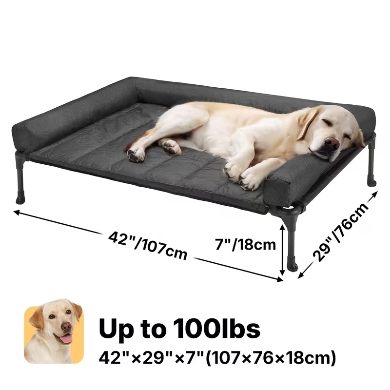 Elevated Dog Bed with Teslin Mesh Cot, Powder-Coated Steel Frame and Removable Bolster Top in Four Sizes