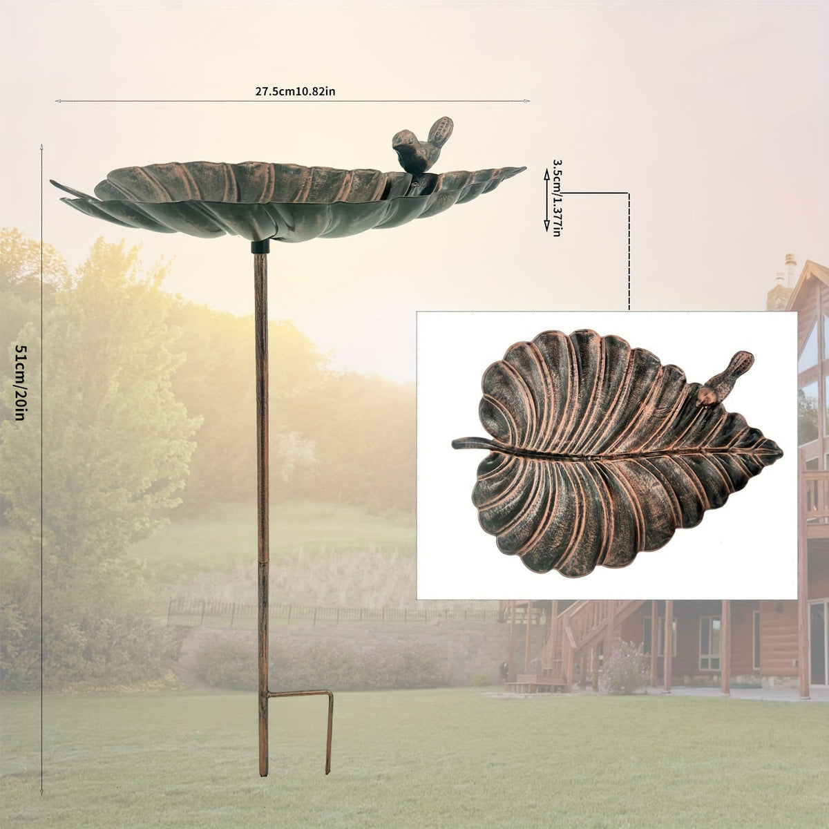 Sculpted Big-Leaf Bird Bath with Ground Stake in Single or Two-Piece Options for Garden Use