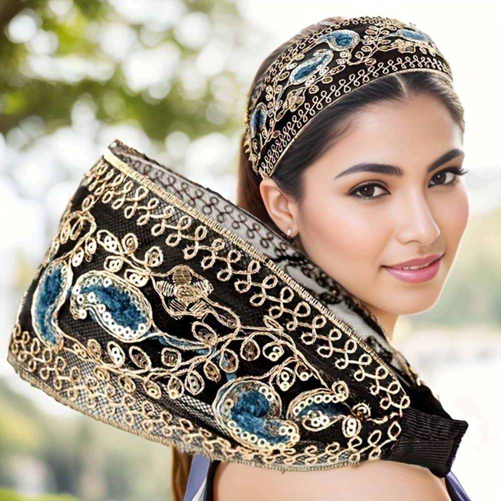 Hair Accessories Two-Piece Wide Embroidered Headband Set with Sequin Floral Details and Color Choices
