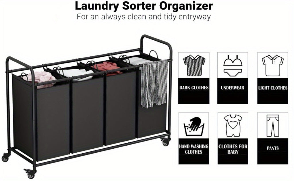 Rolling Laundry Sorter Hamper with Four Removable Fabric Bags, Caster Wheels and Four Color Configurations