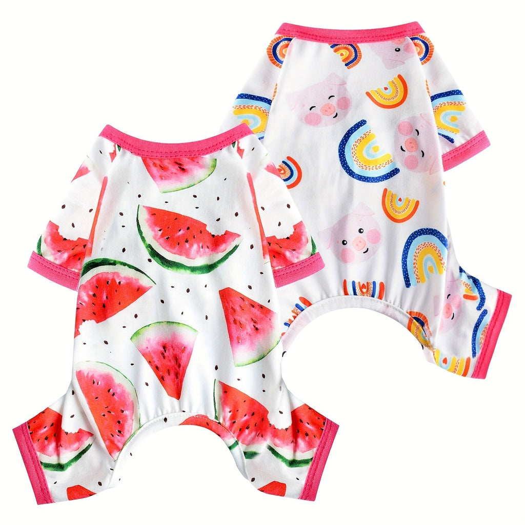 Two-Pack Dog Pajama Jumpsuits with Four Printed Pair Options and Complete XS–XXL Size Grid