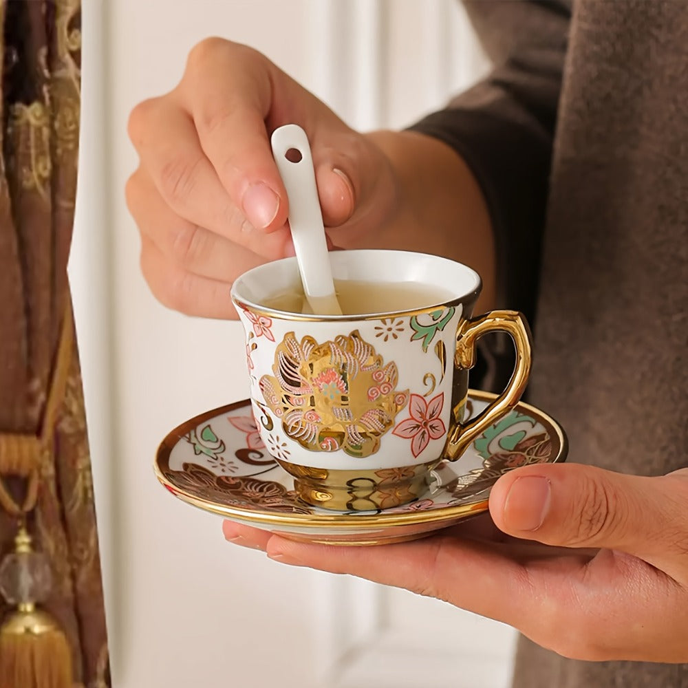 20-Piece Floral Ceramic Tea Set with Saucers & Metal Stand, European Afternoon Tea Service, Blooming Design