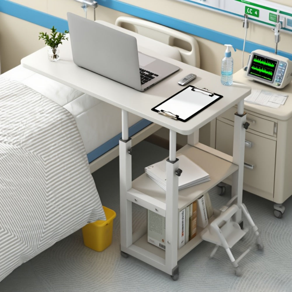 Rolling Overbed Table with Brake Wheels, Adjustable Height Bedside Nursing Dining Table for Elderly & Patients