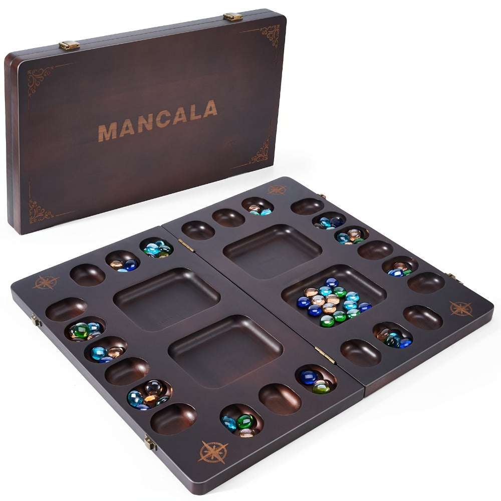 4-Player Mancala Game Set – Premium Solid Wood Folding Board with 108 Multi-Color Glass Stone Beads & Instructions