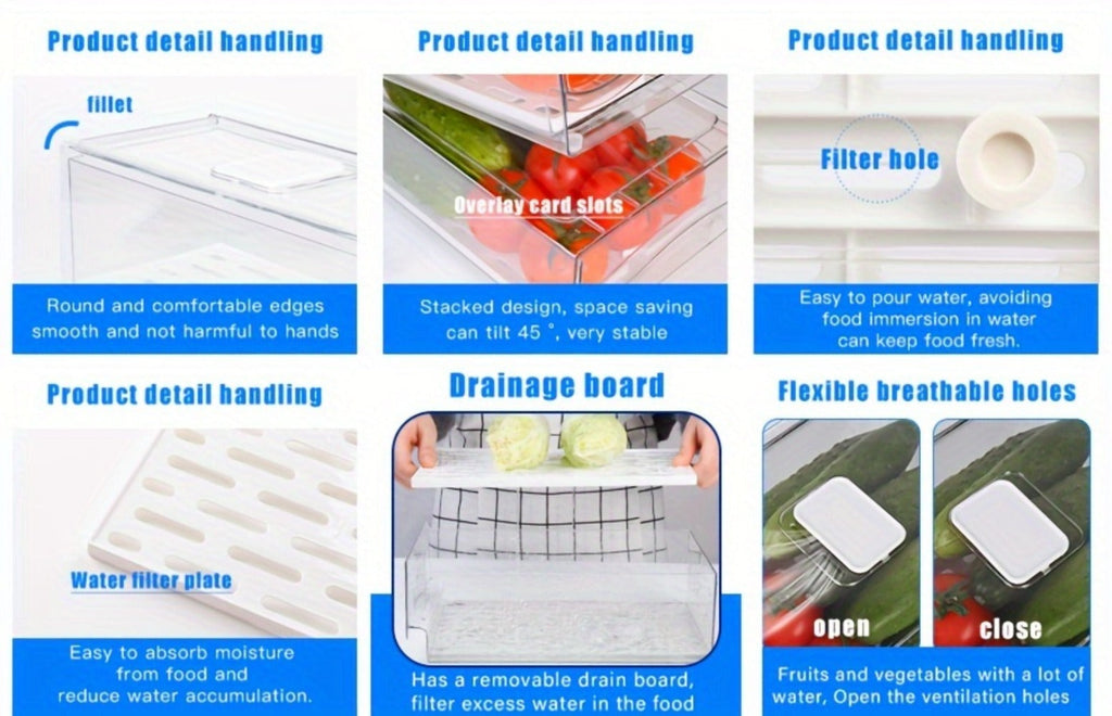 Stackable Fridge Organizer Bins with Drain Board 2 Pack, Refrigerator Drawer Organizer for Produce Fruit Vegetable