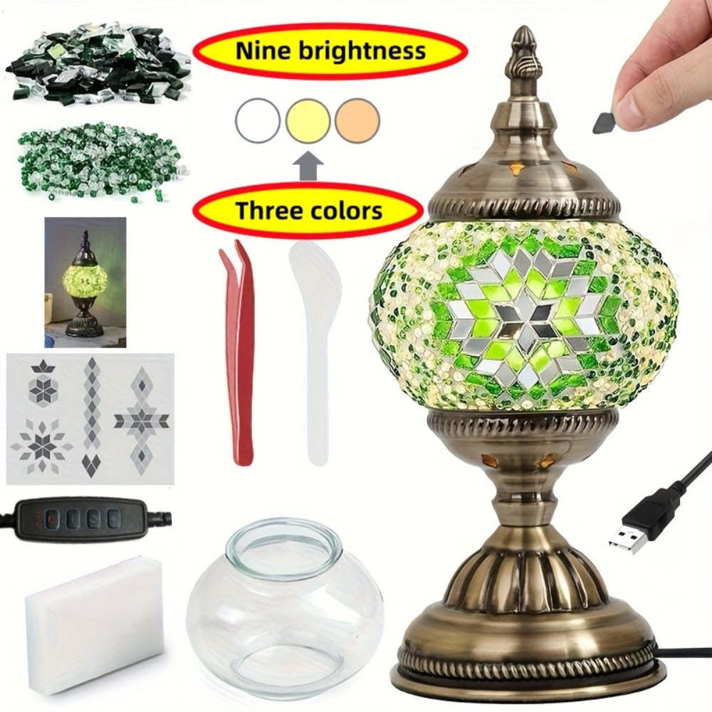 DIY Turkish Moroccan Mosaic Lamp Kit Handmade Glass Metal Brass Dimmable Bohemian Table Light for Entryways, Bedrooms and Living Spaces