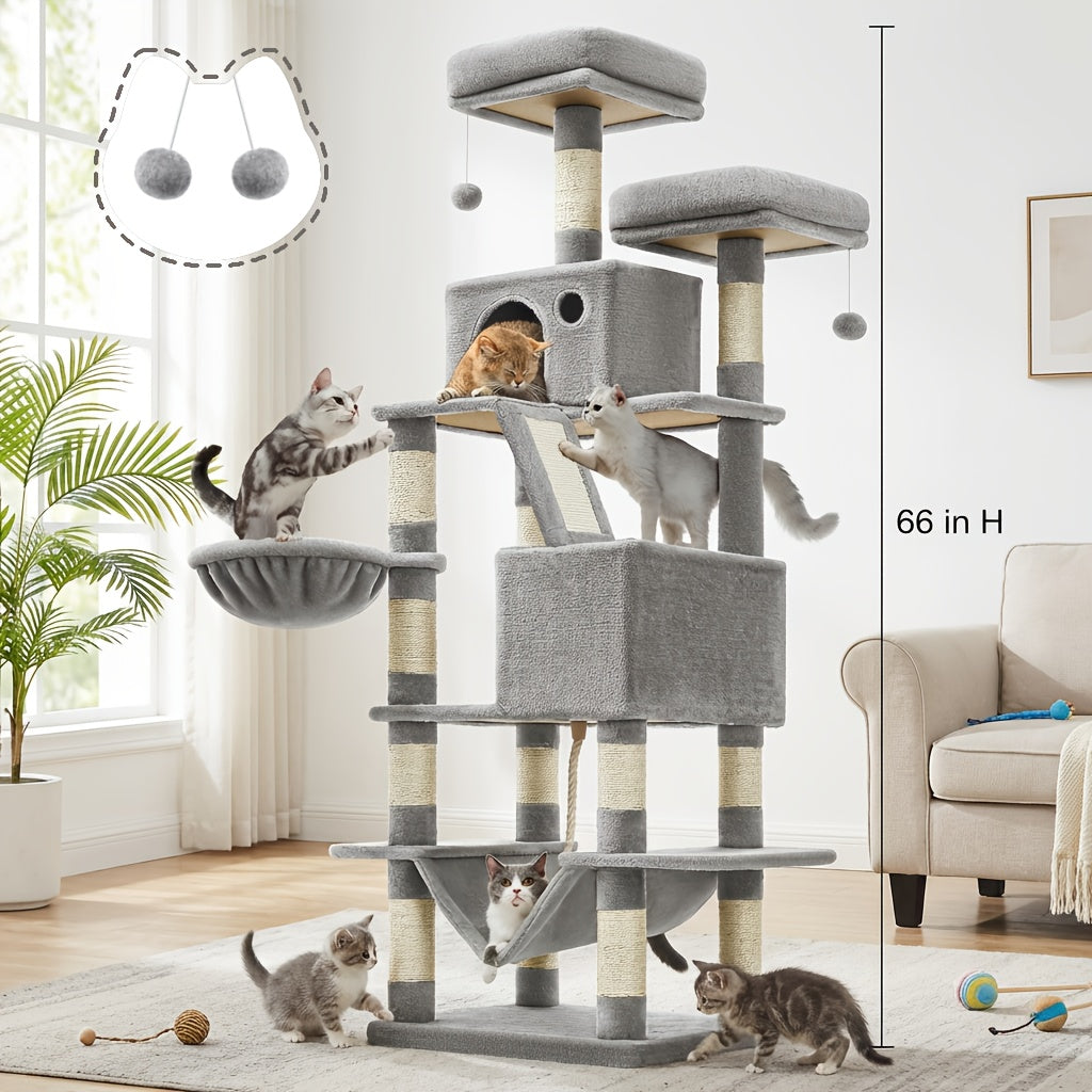 Cat Tree Tower Multi-Level Condo – 44in & 66in with Cozy Cave, Plush Hammock, 4 Sisal Scratching Posts & 2 Perches | Anti-Tilt Stable Cat