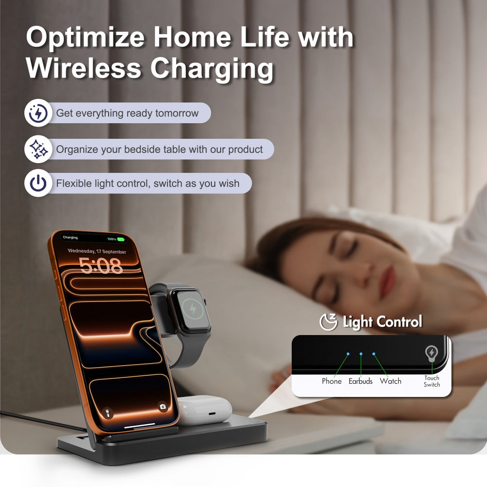 Wireless Charging Station, Foldable 3-in-1 15W Portrait-Landscape Stand with Four Black or White Adapter Options