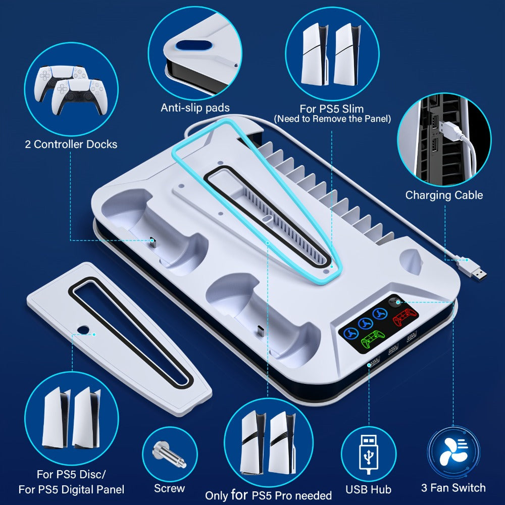 PS5 Pro Slim Cooling Station with Controller Charging Station for PS5/Slim/Pro Standard & Disc/Digital Console