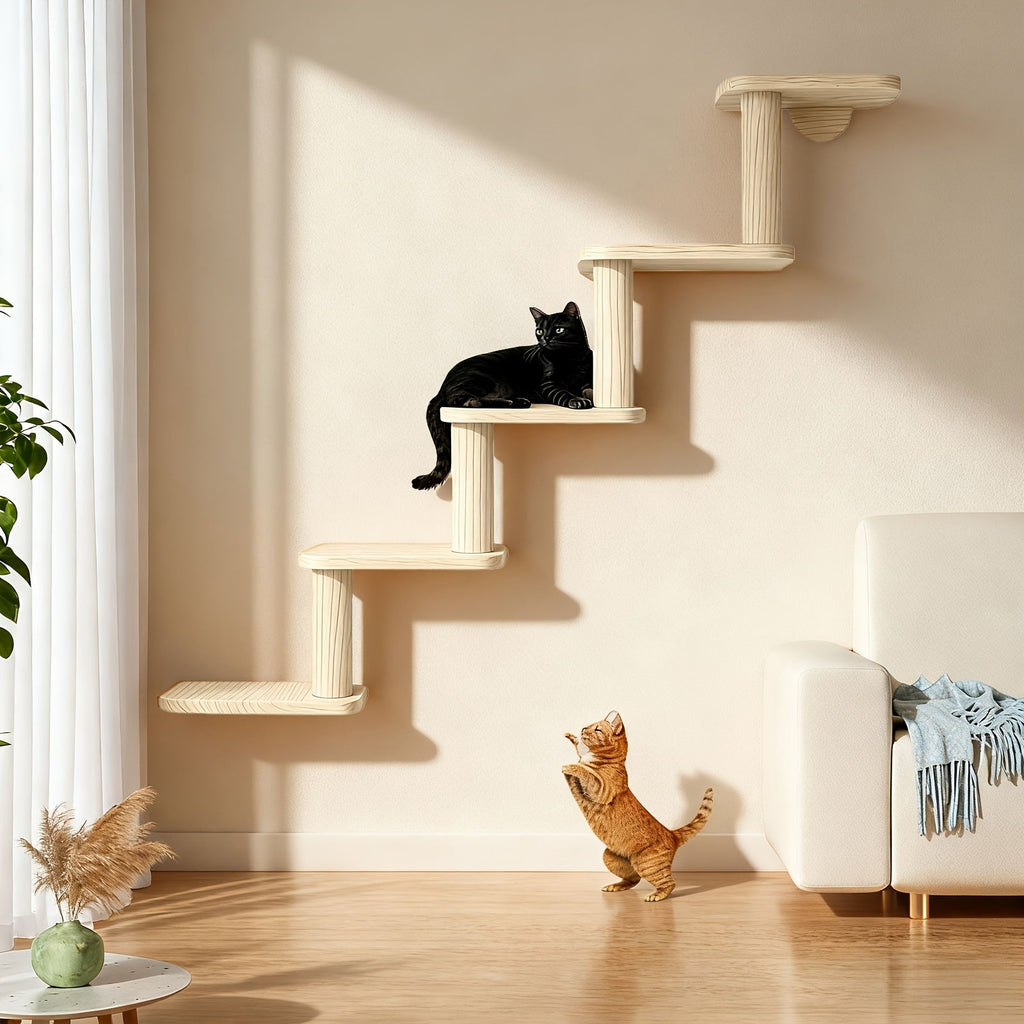 Five-Step Wall-Mounted Cat Tree with 85cm Vertical Wood Frame and Staggered Rectangular Platforms