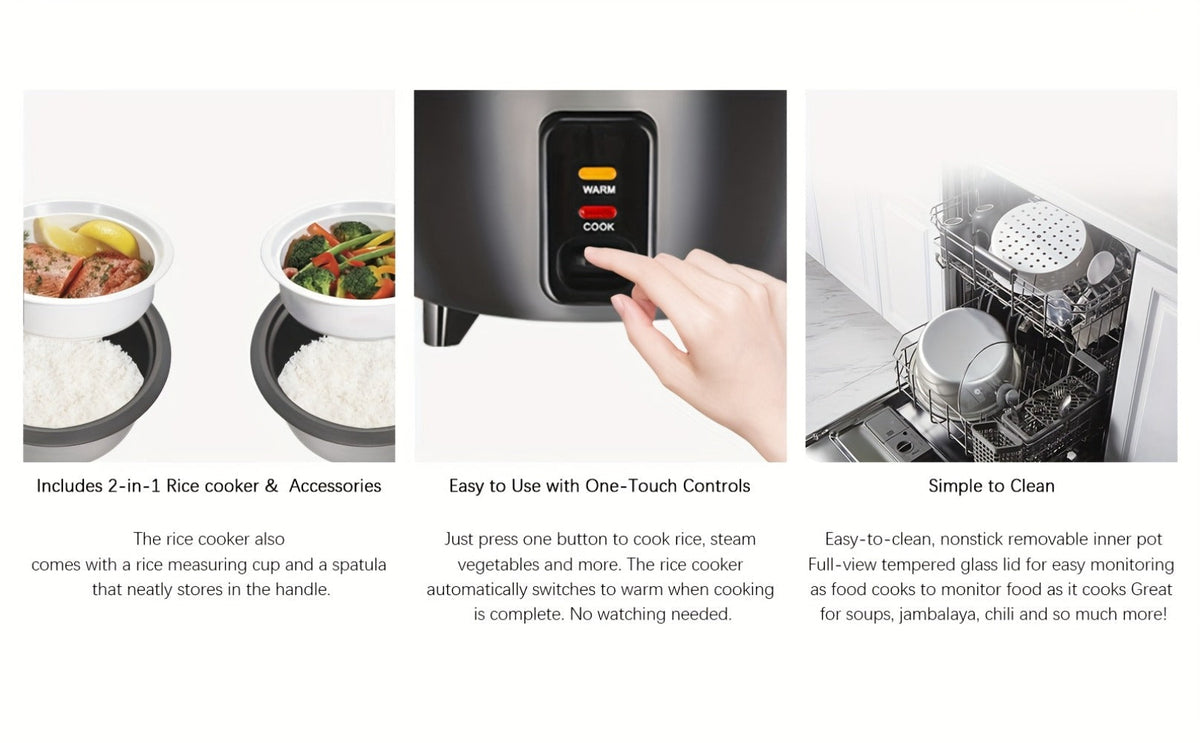 Three-Cup Uncooked / Six-Cup Cooked Rice Cooker with One-Touch Cook and Warm Modes, Inner Pot and Accessories