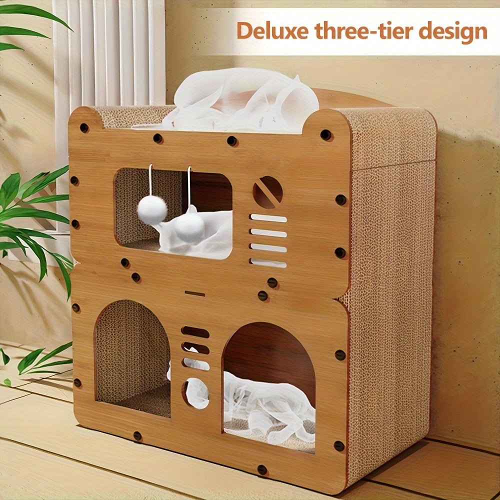 Double- or Three-Level Cat Tree Condo with Wood-Look Panels, Doorway Cutouts and Scratch Liners
