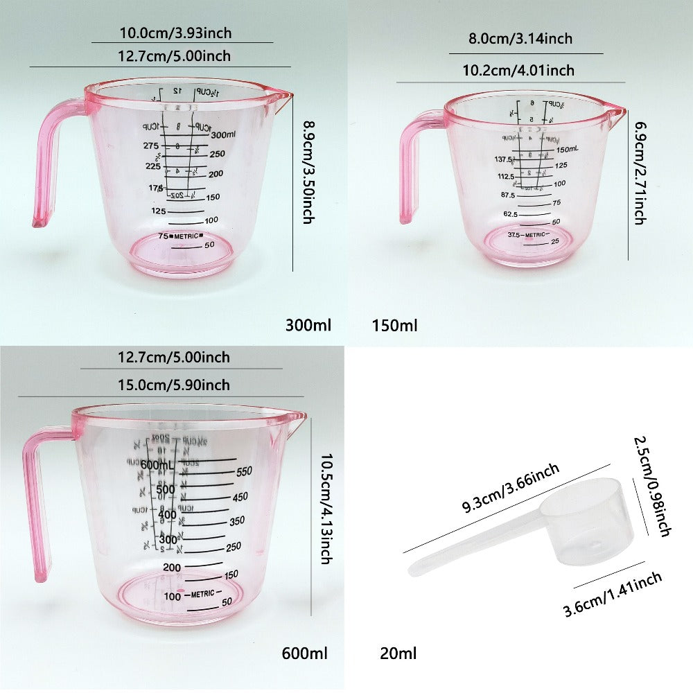 Pink Four-Piece Measuring Set with 150ml, 300ml and 600ml Cups, 20ml Spoon and Multi-Unit Markings