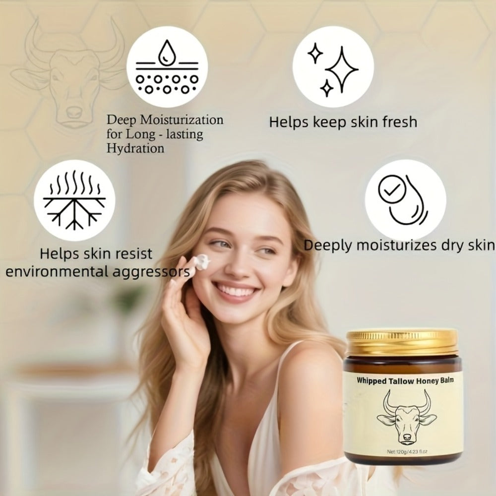 Grass-Fed Beef Tallow Balm with Honey & Hyaluronic Acid Natural Whipped Face Body Cream Nourishing Lotion Sensitive Skin Safe 114g/4oz
