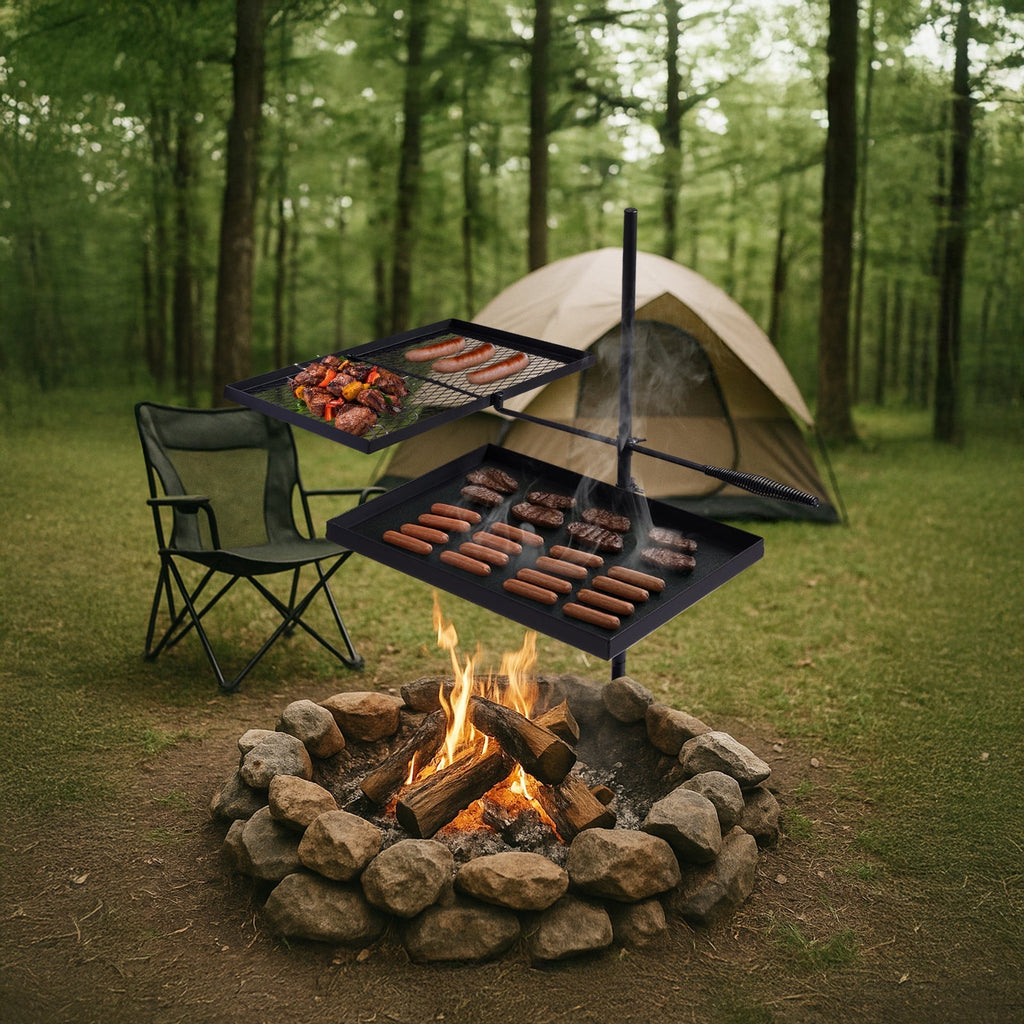Portable Camping Grill Set – Heavy Duty Skillet Combo with Adjustable Grill Grate, Grill Pan & Carrying Bag – Steel & Iron Construction