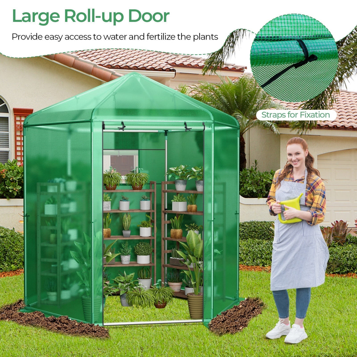 85 x 72 x 90-Inch Walk-In Greenhouse with Green Grid Cover, Roll-Up Door, Mesh Window and Six Ground Stakes