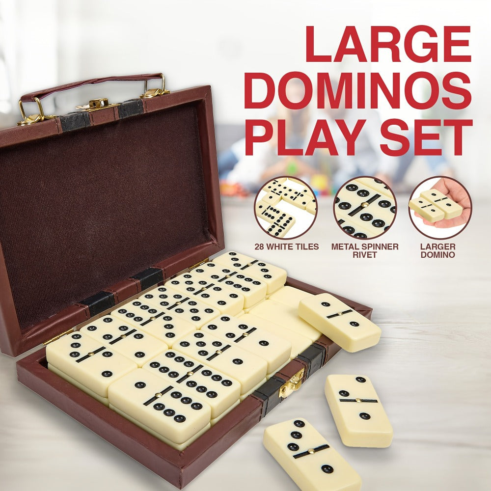 Double Six Dominoes Set 28pcs White – Extra Large Classic Domino Game with Gold Spinner & Premium Storage Box