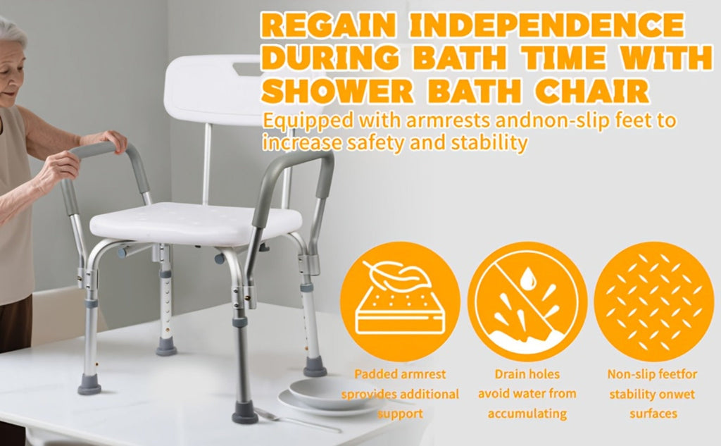 Shower Chair with Armrests & Backrest, Height Adjustable Aluminum Bath Seat, Rubber Feet, Cushioned Support for Elderly