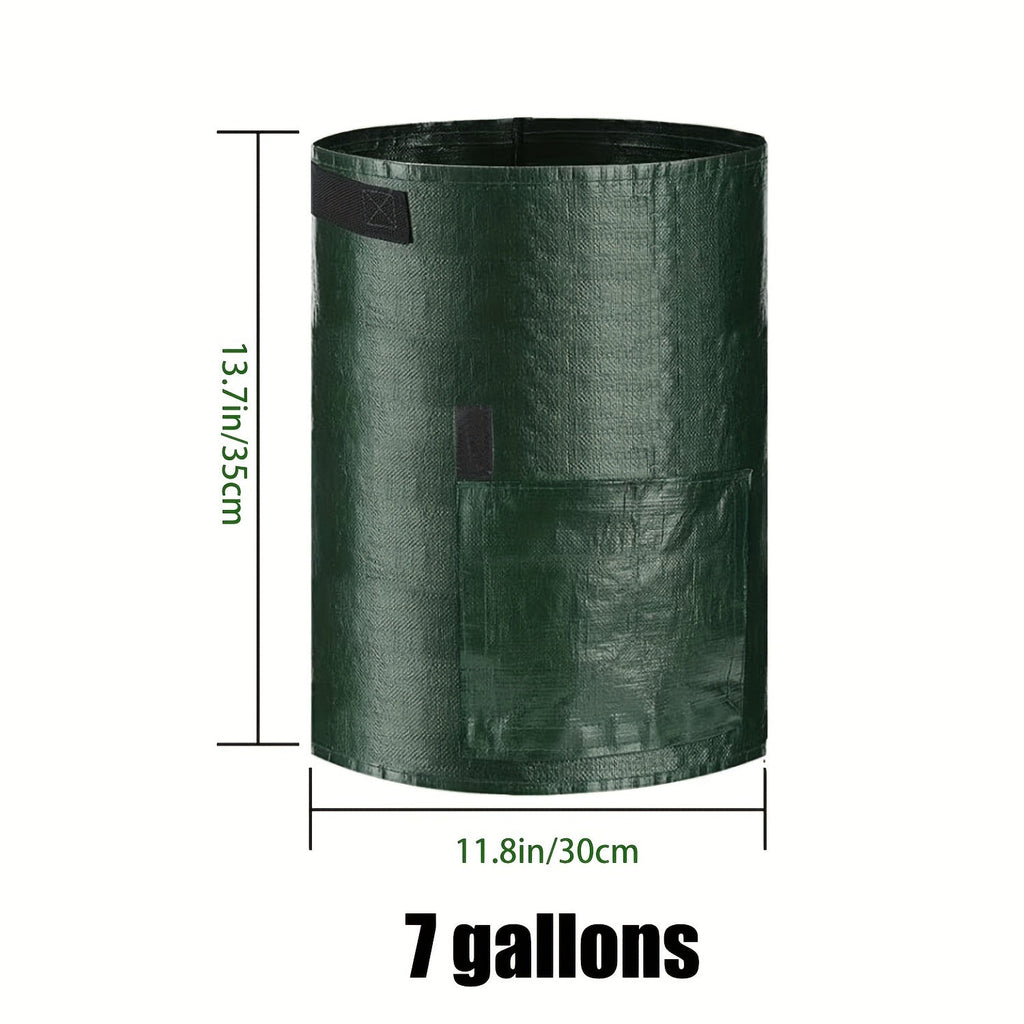 Four Green 7-Gallon-Labeled Potato Grow Bags with Side Harvest Flaps and Carry Handles for Container Planting