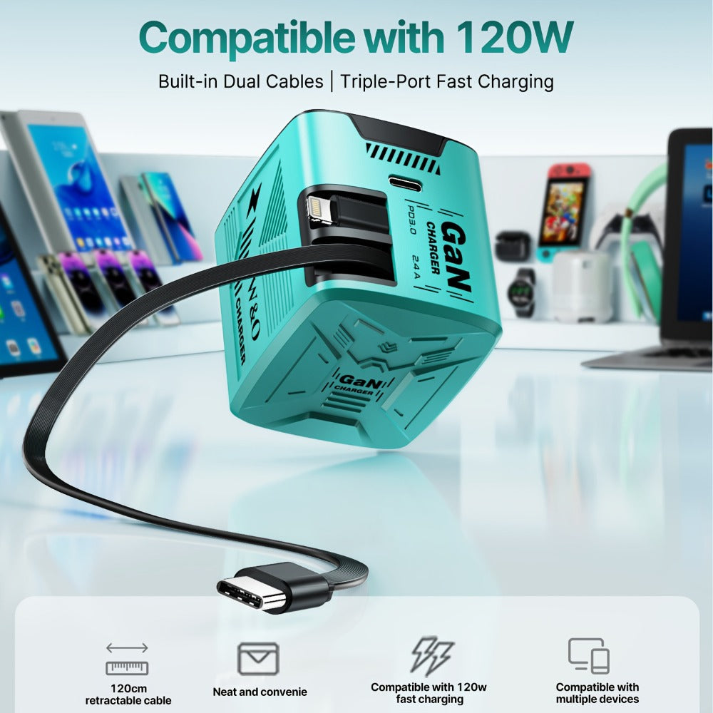 GaN Wall Charger 120W Fast with Retractable Built-In Cable & Foldable Plug for an Everyday Personal Care Routine