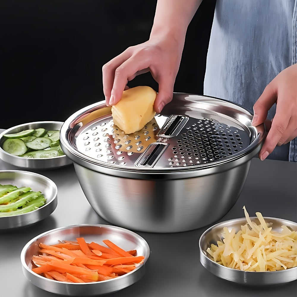 Stainless Steel Kitchen Tool Set 3pcs, Built-In Grinder, Colander Filter & Mixing Bowl for Washing