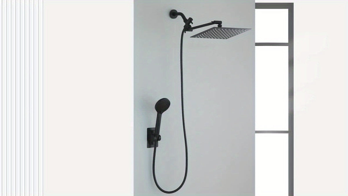 Rainfall Handheld Shower Combo 9-Setting, High Pressure 11" Extension Arm Leak-Proof Wall Mount 8 10 12 Inch Chrome Black