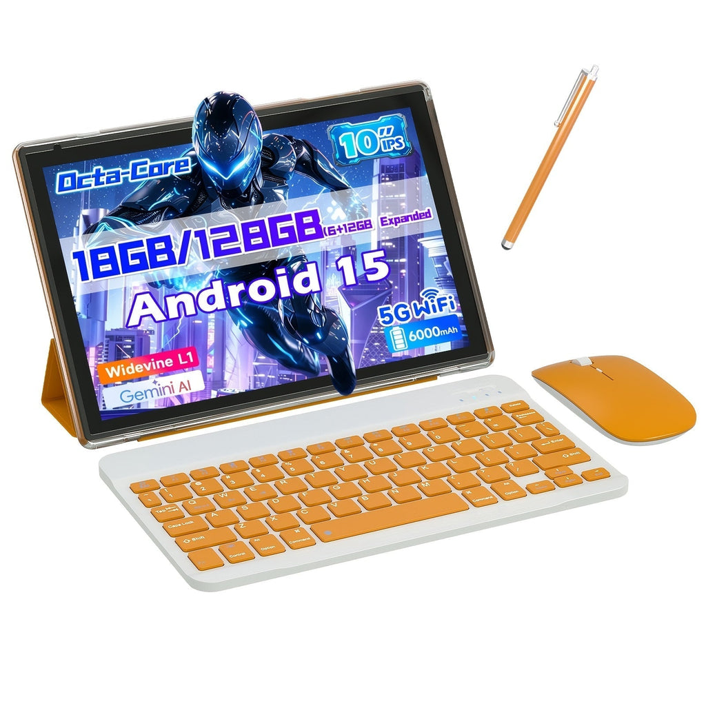 10.1-Inch Android 15 Tablet with 18GB Configured Memory, 128GB Storage, Dual-Band Wi-Fi and Keyboard Set Options