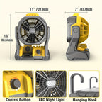 Yellow Cordless Work Fan for Select DeWalt 20V Max Batteries with LED Light, Hanging Hook and Adjustable Tilt, Battery Not Included