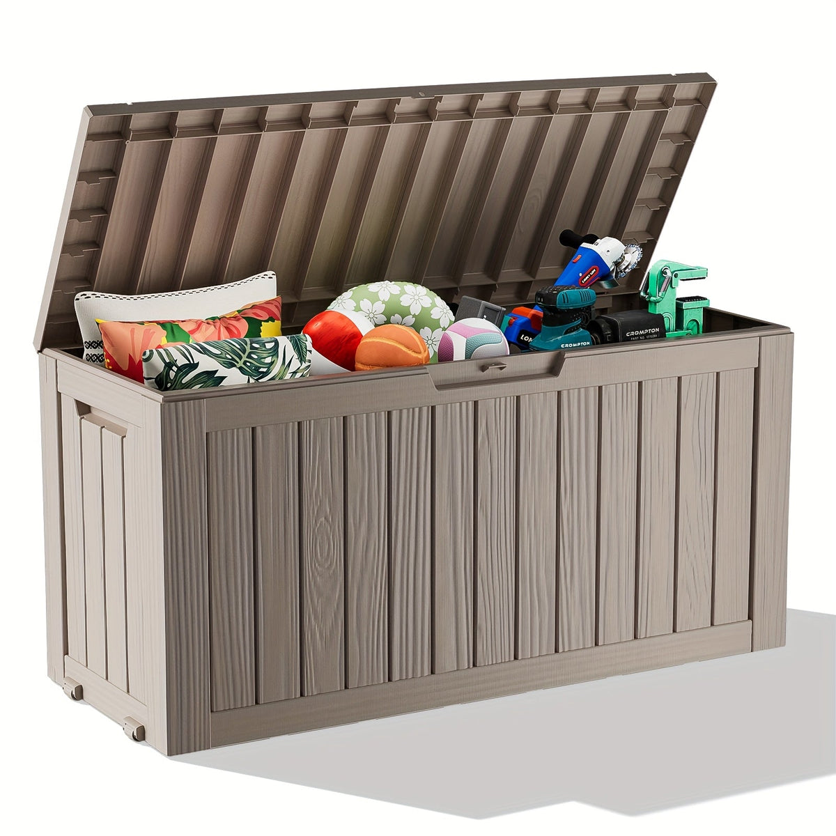 75-Gallon Outdoor Storage Deck Box with Hinged Lid, Side Grips, Small Wheels and Two Color Options