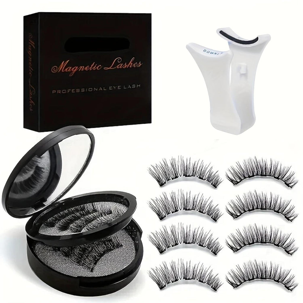 Black Double-Strip Magnetic False Eyelash Set with Round Storage Case and White Applicator
