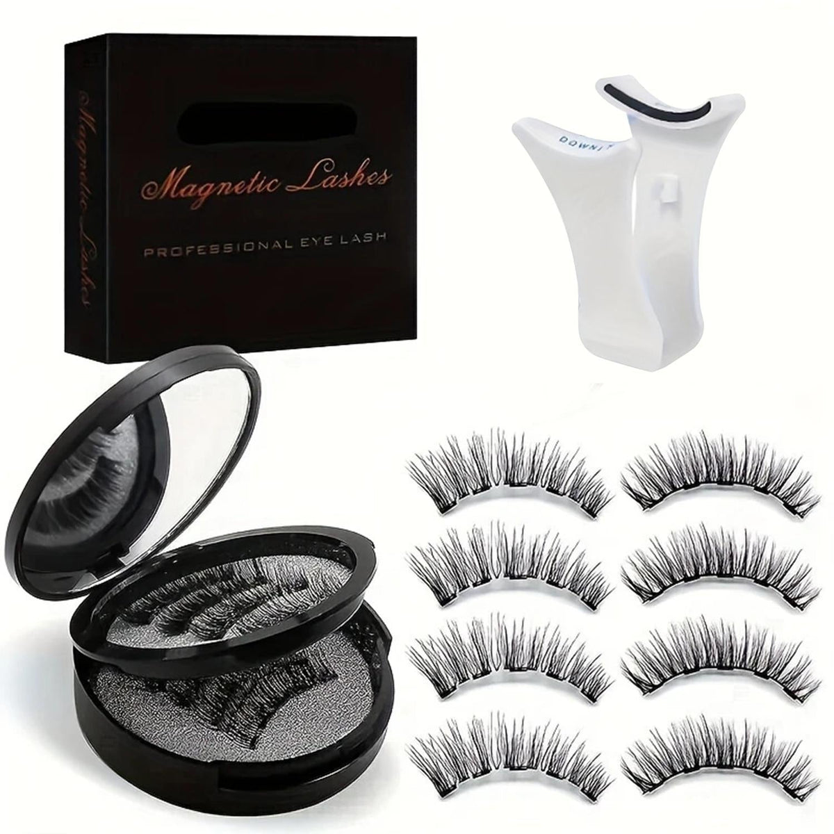 Black Double-Strip Magnetic False Eyelash Set with Round Storage Case and White Applicator