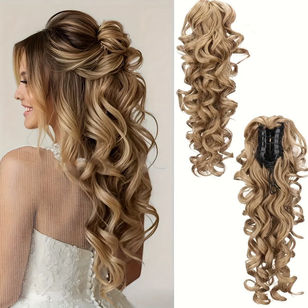 Scroll Curl Claw Clip Ponytail Extension Gradient Color 16 Inch | Synthetic Heat Resistant Hairpiece 5 Colors Linen Brown Golden Grey
