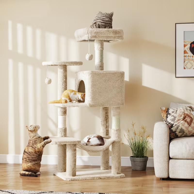 Multi-Level 44in Cat Tower with Enclosed Condo, Hammock, Round Platforms and Sisal-Wrapped Posts
