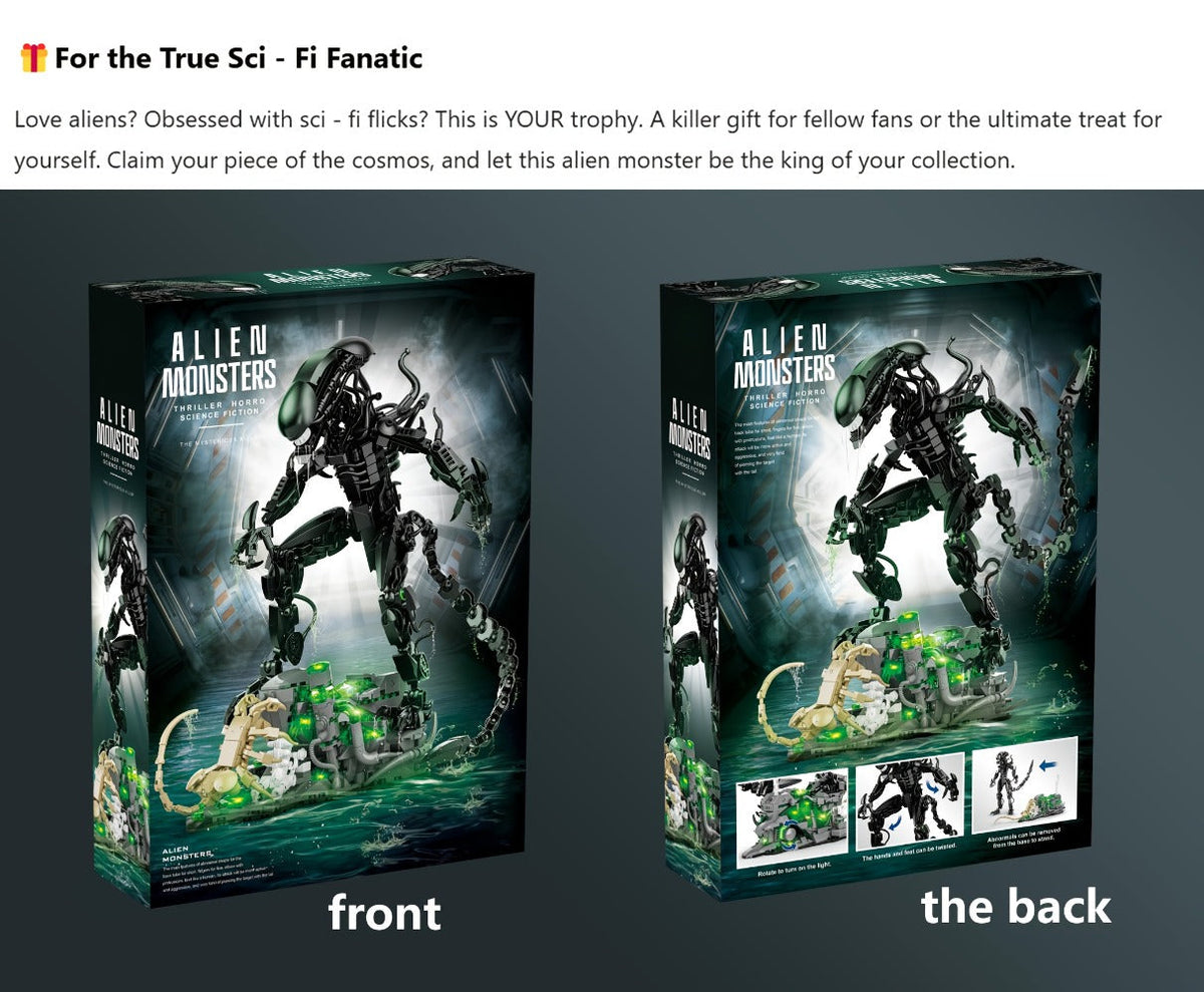 Building Block Set Alien Beast with 958 Pieces, Articulated Black Figure, Scene Base and Long Tail