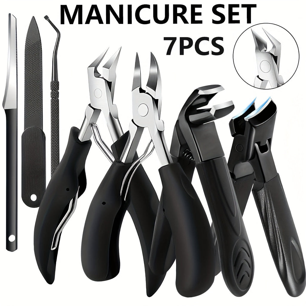 Seven-Piece Toenail Tool Set with Four Black-Handle Clippers, File and Two Slim Detail Tools