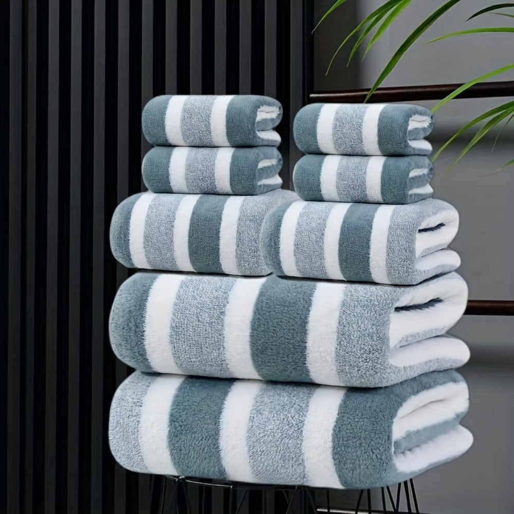 Bath Hand Towels, Towel Set 8 Piece Two-Color Striped Mix with 2 Bath, 2 Face and 4 Hand Towels in Four Colors
