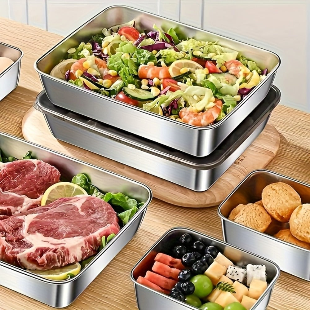 Storage Containers with Lids, Five-Piece Stainless Steel Plate Set with Five Flip-Top Lids for Hand Washing