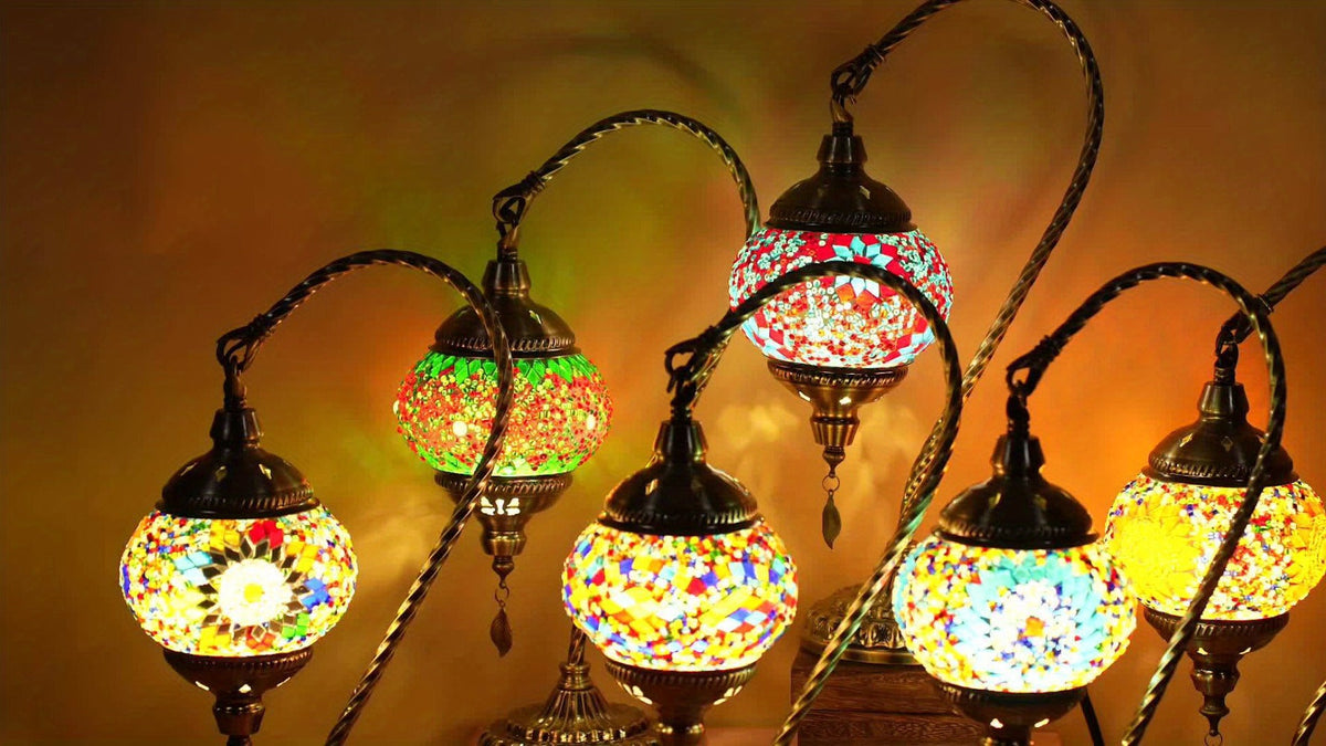 Table Lamp with Swan-Neck Mosaic Glass Shade, Metal Base, Six Color Options and Three White-Light Modes