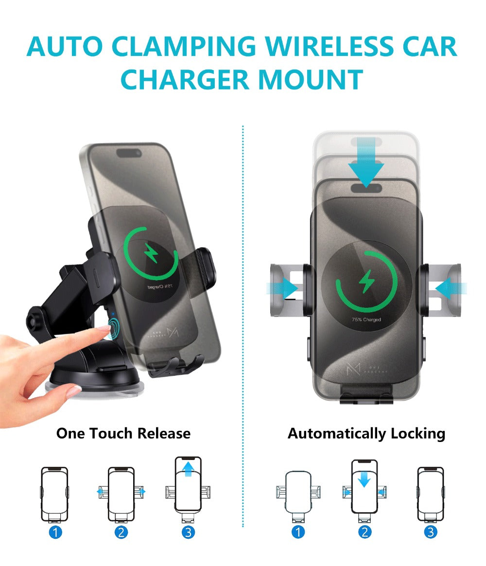 4-Color Wireless Car Charger Mount 15W Qi Auto-Clamping – Fast Wireless Charging Phone Holder for iPhone 17 16 15 14 13 12 11 Pro Max