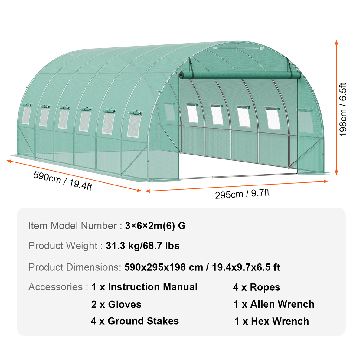 10- to 20-Foot Tunnel Greenhouse with Green Cover, Roll-Up Door and Size-Specific Vent Windows