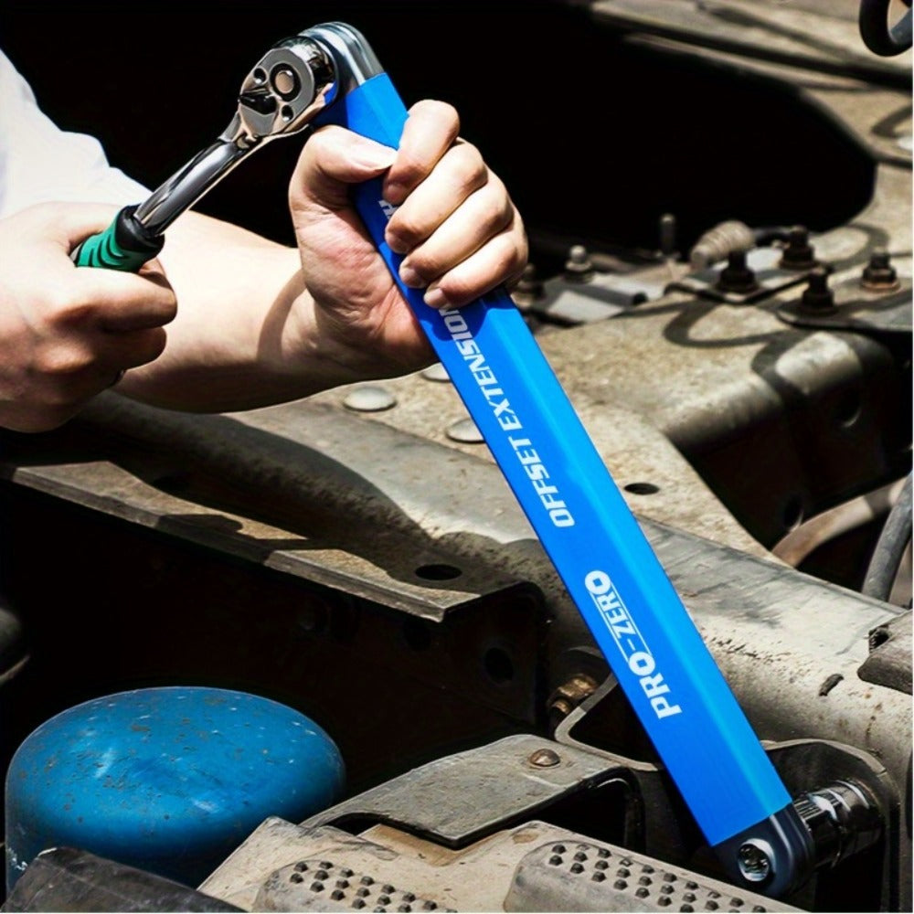Ratchet Wrench 2-in-1 Offset Extension with 1/4" 3/8" 1/2" Square Head Adapters, 180-Degree Rotation High Torque Non-Slip Handle