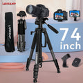 74-Inch Aluminum Camera Tripod in Black with Three-Way Pan Head, Two Quick-Release Plates, Phone Clip and Carry Bag