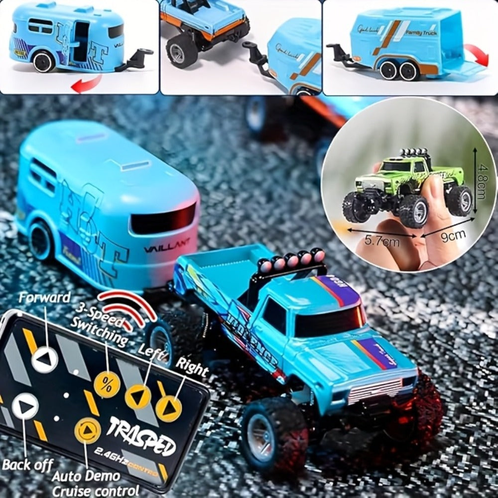 Mini RC Truck Toy 1:64 Scale 2.4GHz Off-Road Alloy Crawler with Detachable Trailer Body Lights & LED Headlights