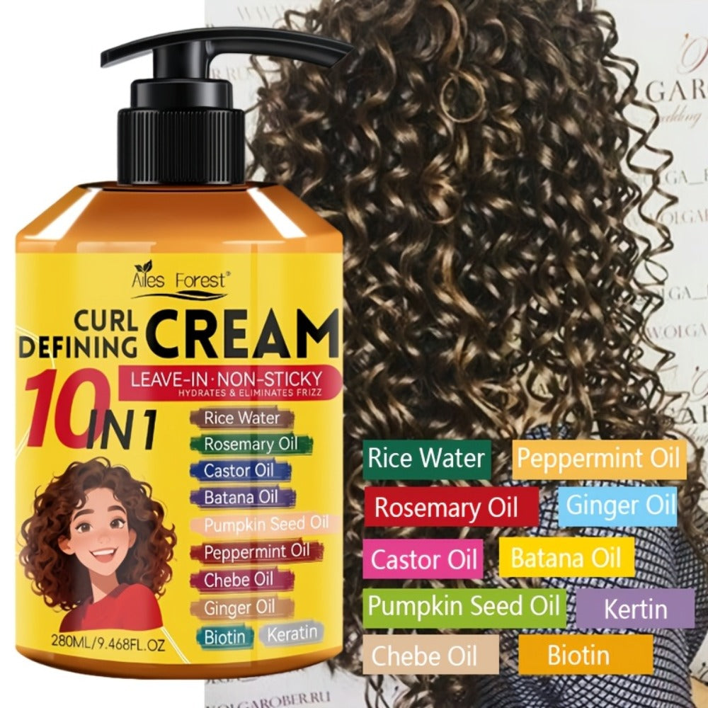 10-in-1 Curl Styling Cream in a 280ml Pump Bottle with Rice Water, Biotin and Named Oils Listed on Label