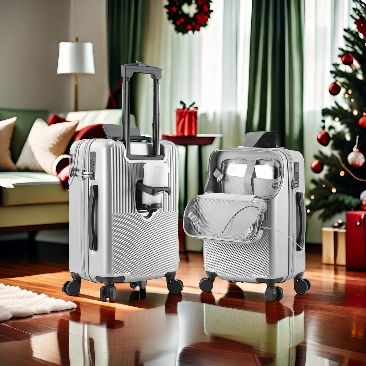 Carry-On Luggage Front-Opening Spinner with Cup Holder, Combination Lock & 4 Size Options for Travel & Easy Storage