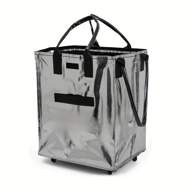 Foldable Rolling Shopping Tote with Wheels and Three Metallic Color Options for Errands and Everyday Carry